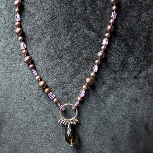 Purple Beaded Silver Pendant Statement Necklace Hand Knotted Y2K - Picture 1 of 7